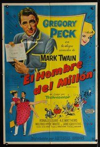 3t718 MAN WITH A MILLION Argentinean poster '54 Gregory Peck, English comedy from Mark Twain story!