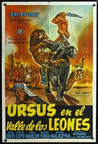 3t735 URSUS IN THE VALLEY OF LIONS Argentinean '61 art of Ed Fury on elephant & battling lion!