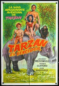 3t780 TARZAN TRIUMPHS Argentinean R50s art of Johnny Weismuller & sexy Frances Gifford on elephant!