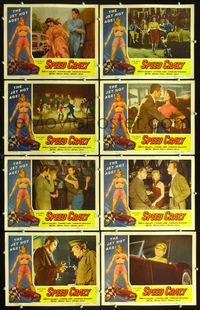 3t467 SPEED CRAZY 8 movie lobby cards '58 classic sexy girl & car racing border art on all!