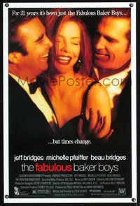 3u160 FABULOUS BAKER BOYS DS 1sheet '89 close-up of Jeff Bridges, Michelle Pfeiffer, Beau Bridges!