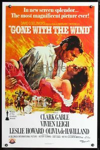 3u205 GONE WITH THE WIND one-sheet R89 great art of Clark Gable & Vivien Leigh, all-time classic!