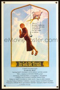 3u252 IN GOD WE TRUST int'l 1sh '80 Lettick art of monk Marty Feldman about to have his string cut!