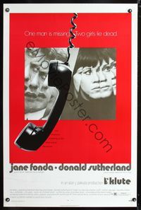 3u284 KLUTE rare alternate style 1sh '71 Donald Sutherland & Jane Fonda, dangling telephone art!