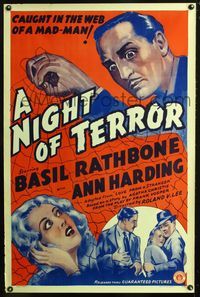 3u313 LOVE FROM A STRANGER one-sheet poster R42 Basil Rathbone, Agatha Christie, Night of Terror!