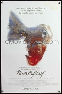 3u391 NEVER CRY WOLF advance 1sheet '83 Walt Disney, really cool art of Charles Martin Smith & wolf!