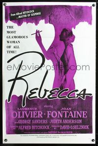 3u467 REBECCA one-sheet poster R60s Alfred Hitchcock, great profile art of smoking Joan Fontaine!