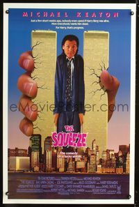 3u545 SQUEEZE one-sheet poster '87 wacky image of giant Michael Keaton being crushed by twin towers!