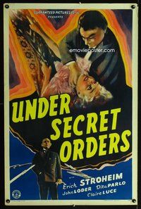 3u619 UNDER SECRET ORDERS one-sheet '43 Erich von Stroheim, art of man choking beautiful girl!