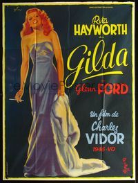 3v531 GILDA French 1p R72 art of sexy smoking Rita Hayworth full-length in sheath dress by Grinsson