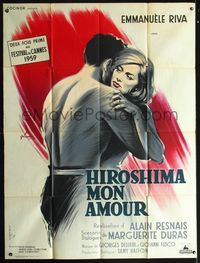 3v550 HIROSHIMA MON AMOUR French 1p '59 Alain Resnais, art of Eiji Okada embracing Emmanuelle Riva!