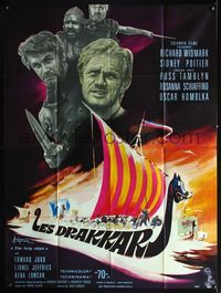 3v604 LONG SHIPS French one-panel poster '64 Richard Widmark, cool different viking art by Kerfyser!