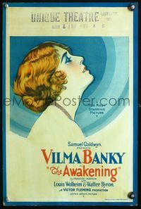 3v007 AWAKENING window card poster '28 great stone litho profile of pretty red-haired Vilma Banky!