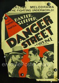 3v037 DANGER STREET window card poster '28 art of Warner Baxter & Martha Sleeper held at gunpoint!