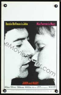 3v070 JOHN & MARY window card '69 super close image of Dustin Hoffman about to kiss Mia Farrow!