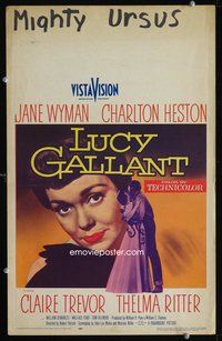 3v080 LUCY GALLANT window card '55 art of Jane Wyman, plus full-length kissing Charlton Heston!