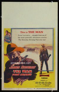 3v082 MAN FROM LARAMIE window card '55 three images of James Stewart, directed by Anthony Mann!