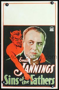 3v109 SINS OF THE FATHERS WC '28 wonderful art of Emil Jannings with Devil looming over shoulder!