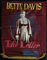 3w031 LETTER cloth banner '40 image of Bette Davis with smoking gun, who wishes she were sorry!