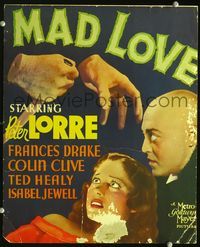 3w001 MAD LOVE window card '35 bodyless hands attack Peter Lorre in Karl Freund horror classic!