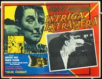3w423 FOREIGN INTRIGUE Mexican movie lobby card '56 cool art of hunted man Robert Mitchum!