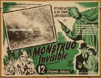 3w484 INVISIBLE MONSTER Mexican lobby card '50 action serial, cool image of car under landslide!