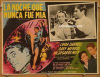 3w601 NIGHT WITHOUT SLEEP Mexican movie lobby card '52 Linda Darnell, cool art of cast!