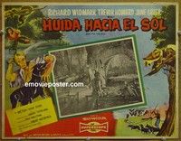 3w697 RUN FOR THE SUN Mexican movie lobby card '56 Richard Widmark, Jane Greer, cool jungle art!