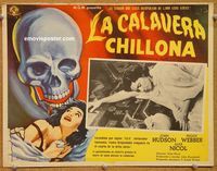 3w704 SCREAMING SKULL Mexican LC '58 great art of huge skull & sexy girl grabbed by skeleton!
