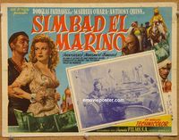3w715 SINBAD THE SAILOR Mexican lobby card R50s art of Douglas Fairbanks Jr. & sexy Maureen O'Hara!