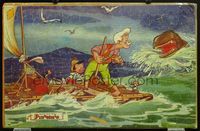 3w113 PINOCCHIO jigsaw puzzle '40 Disney classic cartoon, he's on raft w/Gepetto attacked by whale!