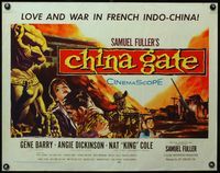 3x327 CHINA GATE half-sheet '57 Samuel Fuller, Angie Dickinson, Gene Barry, Nat King Cole with gun!