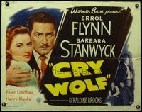 3x335 CRY WOLF style B half-sheet poster '47 cool close image of Errol Flynn & Barbara Stanwyck!