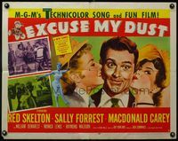 3x362 EXCUSE MY DUST style B half-sheet '51 art of Red Skelton being kissed by two pretty girls!