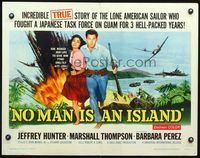 3x520 NO MAN IS AN ISLAND half-sheet '62 U.S. Navy sailor Jeffrey Hunter fought on Guam by himself!