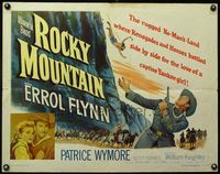 3x553 ROCKY MOUNTAIN half-sheet '50 great close up of part renegade part hero Errol Flynn with gun!