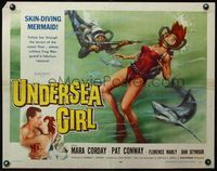 3x624 UNDERSEA GIRL half-sheet movie poster '57 cool artwork of sexy deep sea scuba diver in peril!