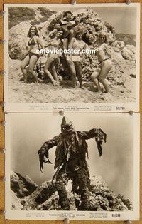 3y297 BEACH GIRLS & THE MONSTER 2 8x10s '65 great images of cheesy monster and babes in bikinis!