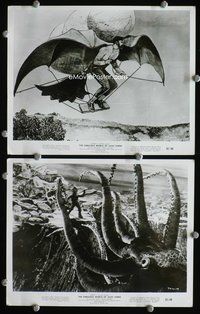 3y411 FABULOUS WORLD OF JULES VERNE 2 8x10s '61 wild images of man in flying machine, giant squid!
