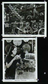 3y577 MODERN TIMES 2 8x10s '36 great image of Charlie Chaplin fixing giant machine, Paulette Goddard