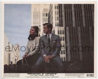 3y026 BREAKFAST AT TIFFANY'S color 8x10 '61 Audrey Hepburn & George Peppard sitting outside smoking!