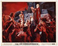 3y183 TEN COMMANDMENTS color 8x10 movie still '56 Charlton Heston as Moses holds tablets over crowd!