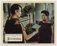 3y171 SPARTACUS English Front of House lobby card '61 Laurence Olivier inspects slave Tony Curtis!