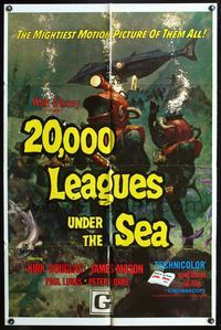 3z007 20,000 LEAGUES UNDER THE SEA 1sheet R71 Jules Verne classic, wonderful art of deep sea divers!