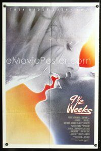 3z015 9 1/2 WEEKS int'l one-sheet '86 Mickey Rourke, Kim Basinger, sexiest close up kissing image!