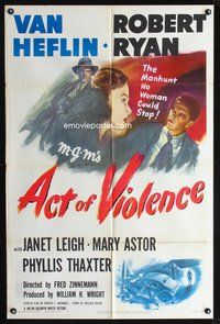 3z021 ACT OF VIOLENCE one-sheet '49 Fred Zinnemann, art of Janet Leigh, Van Heflin & Robert Ryan!