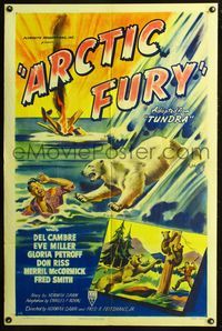 3z047 ARCTIC FURY style A one-sheet poster '49 cool art of polar bear attacking crashed bush pilot!
