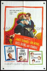 3z076 BELL, BOOK & CANDLE one-sheet poster '58 James Stewart & sexiest witch Kim Novak holding cat!