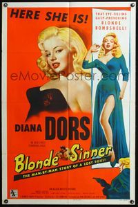 3z099 BLONDE SINNER one-sheet '56 two images of sexiest bad girl Diana Dors full-length & close up!