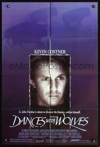 3z199 DANCES WITH WOLVES DS 1sh '90 Native American Indians, cool image of Kevin Costner & buffalo!